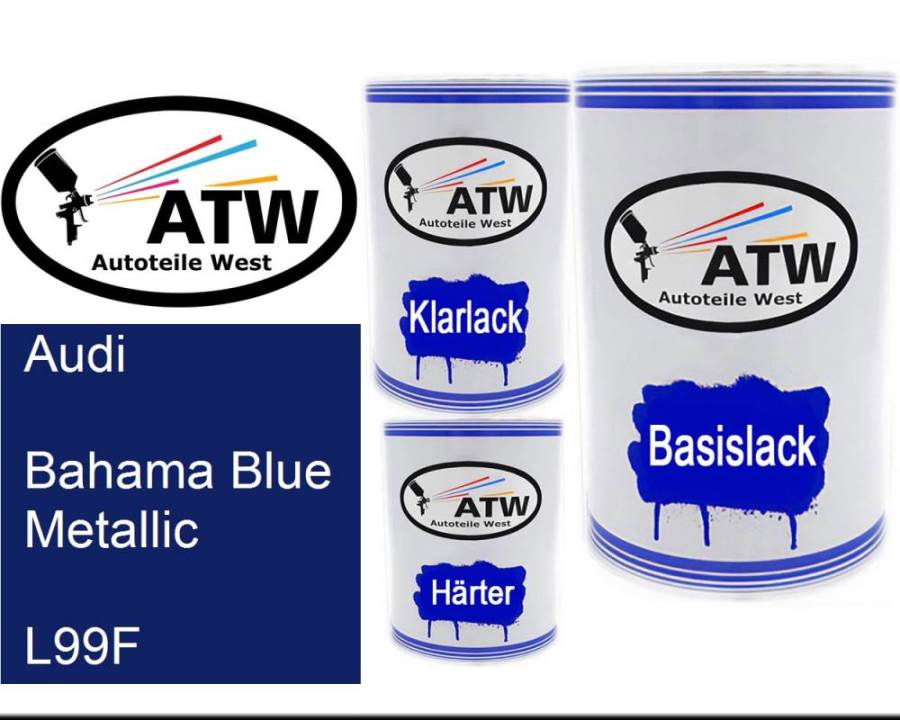 Audi, Bahama Blue Metallic, L99F: 500ml Lackdose + 500ml Klarlack + 250ml Härter - Set, von ATW Autoteile West.